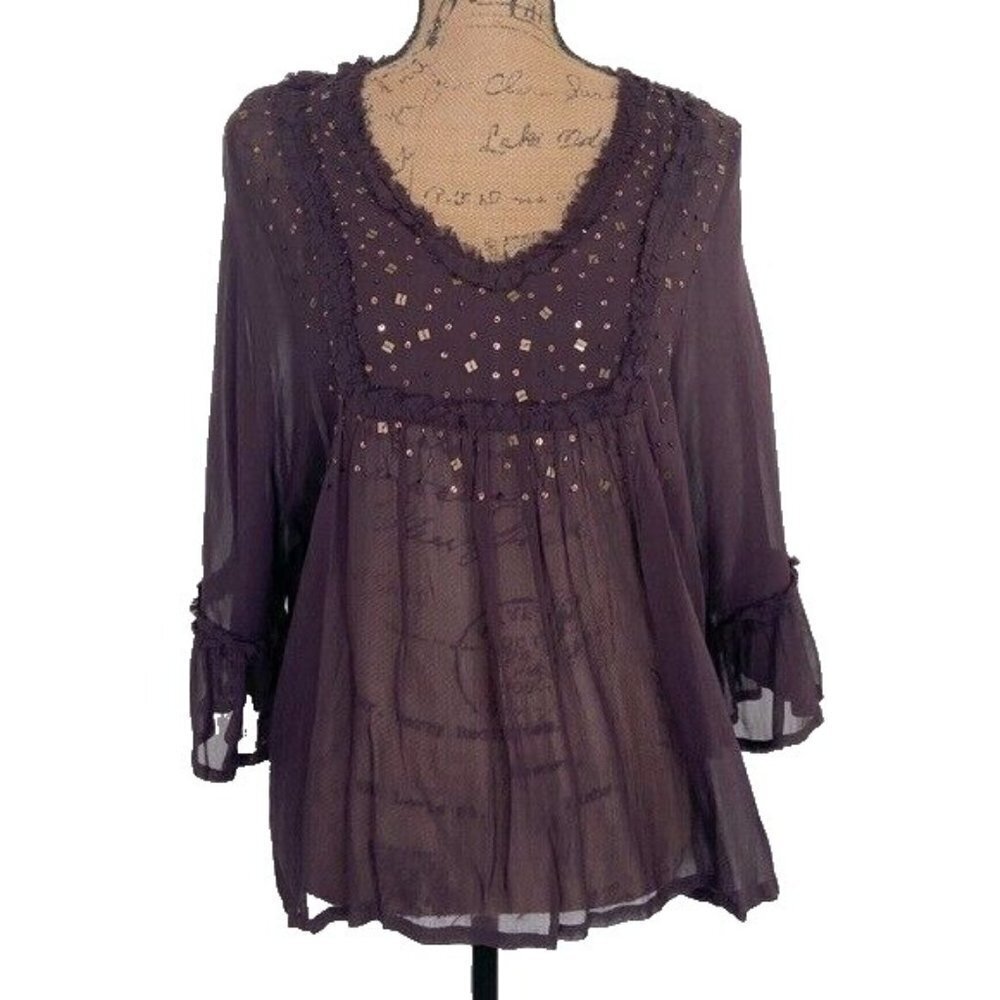 Bila Sheer Chiffon Embellished Top Size S Flare Sleeve Color Purple